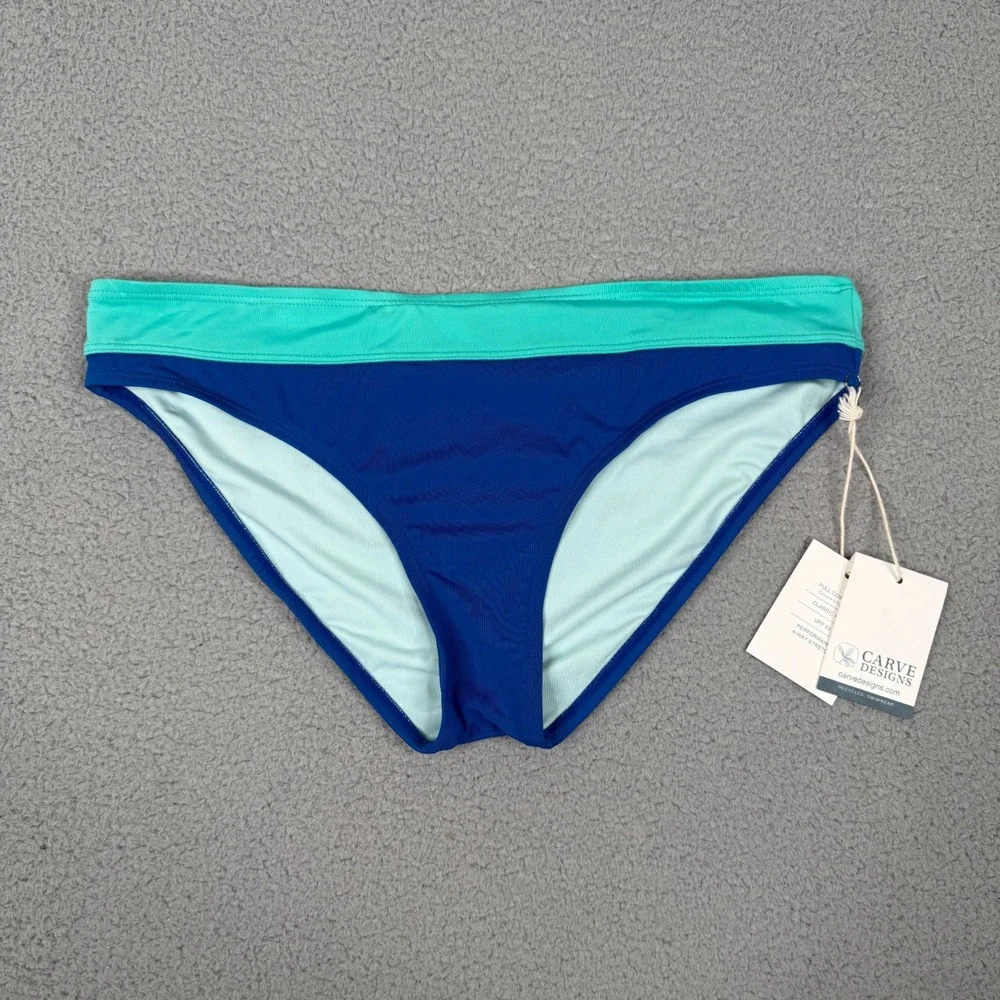 Carve Designs Bikini Bottom Womens L Blue Teal Colorblock UPF Classic Rise NWT